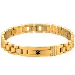 ***COI Titanium Black/Gold Tone/Silver Medical Alert Cubic Zirconia Bracelet With Steel Clasp(Length: 8.46 inches)-01970BB