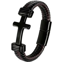 ***COI Titanium Black/Gold Tone/Silver Cross Genuine Leather Bracelet With Steel Clasp(Length: 9.06 inches)-01979BB