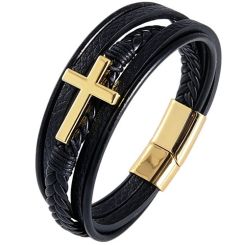 ***COI Titanium Black/Gold Tone/Silver Cross Genuine Leather Bracelet With Steel Clasp(Length: 8.46 inches)-01981BB