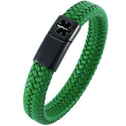 ***COI Black Titanium Medical Alert Genuine Leather Bracelet With Steel Clasp(Length: 8.27 inches)-01982BB