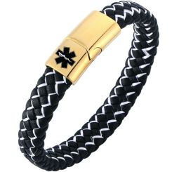 ***COI Gold Tone Titanium Medical Alert Genuine Leather Bracelet With Steel Clasp(Length: 8.27 inches)-01983BB