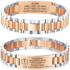 ***COI Titanium Rose Silver Medical Alert Custom Engraving Bracelet With Steel Clasp(Length: 8.27 inches)-01998BB