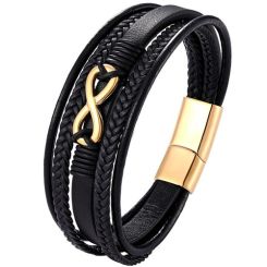 ***COI Titanium Black/Blue/Gold Tone/Silver Infinity Genuine Leather Bracelet With Steel Clasp(Length: 8.27 inches)-02000BB