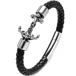 ***COI Titanium Anchor Genuine Leather Bracelet With Steel Clasp(Length: 8.27 inches)-02007BB