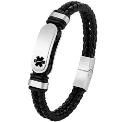 ***COI Titanium Black/Silver/Gold Tone Medical Alert Genuine Leather Bracelet With Steel Clasp(Length: 8.27 inches)-02022BB