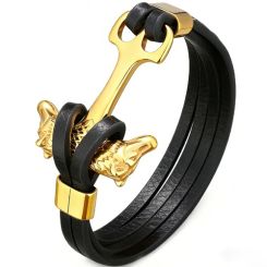 ****COI Gold Tone Titanium Anchor Genuine Leather Bracelet With Steel Clasp(Length: 8.66 inches)-02041BB