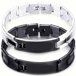 ****COI Titanium Black Silver/Black Medical Alert Bracelet With Steel Clasp(Length: 7.87 inches)-02045BB
