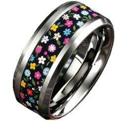 ****COI Titanium Black Rainbow Floral Beveled Edges Ring-02063BB