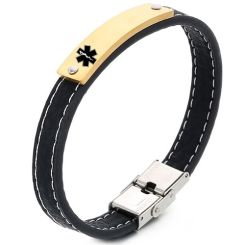 ****COI Titanium Black/Gold Tone/Silver Medical Alert Genuine Leather Bracelet With Steel Clasp(Length: 8.27 inches)-02077BB