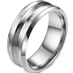 ****COI Titanium Black Silver/Silver Center Groove Beveled Edges Ring-02085BB