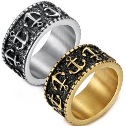 ****COI Titanium Black Gold Tone/Silver Anchor Ring-02099BB