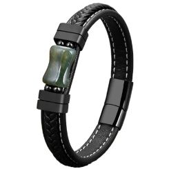 ****COI Black Titanium Green Agate Genuine Leather Bracelet With Steel Clasp(Length: 8.27 inches)-02115BB