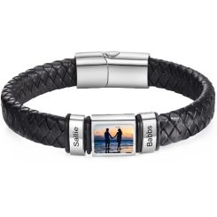 ****COI Titanium Black/Silver Custom Photo & Engraving Genuine Leather Bracelet With Steel Clasp(Length: 8.27 inches)-02116BB