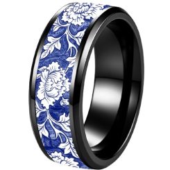****COI Titanium Black/Silver Floral & Leaves Beveled Edges RIng-02122BB