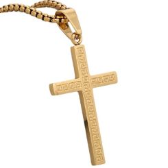 ****COI Titanium Black/Gold Tone/Silver Greek Key Pattern Cross Pendant-02128BB