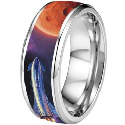 ****COI Titanium Black/Silver Rockets & Space Beveled Edges Ring-02133BB