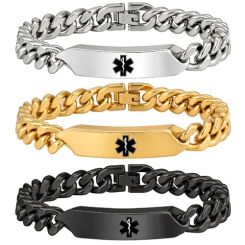 ****COI Titanium Black/Gold Tone/Silver Medical Alert Bracelet With Steel Clasp(Length: 8.27 inches)-02149BB