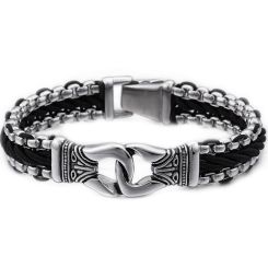 ****COI Titanium Black Silver Genuine Leather Bracelet With Steel Clasp(Length: 8.66 inches)-02155BB