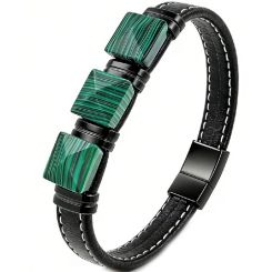 ****COI Titanium Tiger Eye/White Turquoise/Green Malachite Genuine Leather Bracelet With Steel Clasp(Length: 8.27 inches)-02156BB