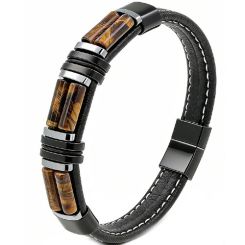 ****COI Titanium Green Malachite/Tiger Eye Genuine Leather Bracelet With Steel Clasp(Length: 9.05 inches)-02158BB