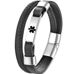 ****COI Titanium Black/Silver Medical Alert Genuine Leather Bracelet With Steel Clasp(Length: 8.27 inches)-02159BB