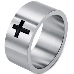 ****COI Titanium Black/Gold Tone/Silver Cross Ring-02161BB