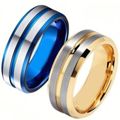 ****COI Titanium Blue/Gold Tone Silver Center Groove Beveled Edges Ring-02165BB