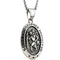 ****COI Titanium Black Silver Saint Christopher Protect Us Pendant-02169BB