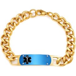 ****COI Titanium Gold Tone Blue Medical Alert Bracelet With Steel Clasp(Length: 7.87 inches)-02178BB