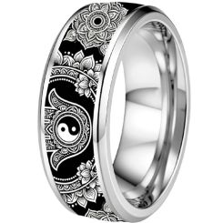 ****COI Titanium Black/Silver Ying Yang Beveled Edges Ring-02219BB