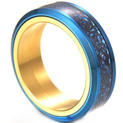 ****COI Titanium Black/Blue Gold Tone Dragon Beveled Edges Ring-02231BB