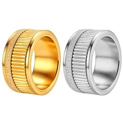 ****COI Titanium Gold Tone/Silver Sandblasted & Grooves Rotating Ring-02247BB