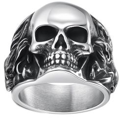 ****COI Titanium Black Silver Skull Ring-02270BB