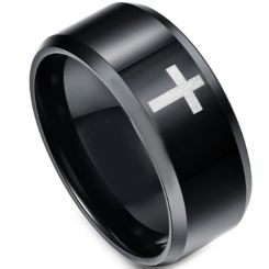 *COI Black Titanium Cross Beveled Edges Ring - 3537