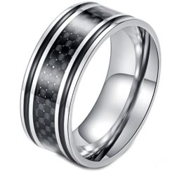 **COI Titanium Black Silver Ring With Carbon Fiber/Wood-5898