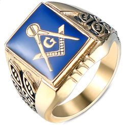 *COI Titanium Blue Gold Tone Black Masonic Freemason Ring-5995