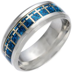 *COI Titanium Cross Blue/Gold Tone/Silver Meteorite Beveled Edges Ring-6849