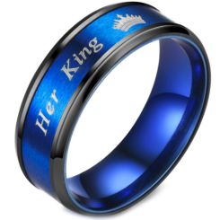 **COI Titanium Black Blue Her King & Crown Beveled Edges Ring-6941AA