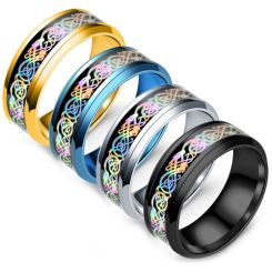 **COI Titanium Black/Blue/Gold Tone/Silver Rainbow Color Dragon Beveled Edges Ring-6943AA