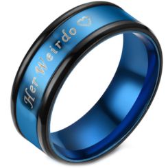 **COI Titanium Black Blue Her Weirdo & Heart Beveled Edges Ring-6946AA