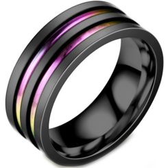 **COI Black Titanium Rainbow Color Double Grooves Ring-6950AA