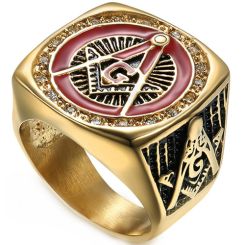 **COI Gold Tone Titanium Black Red Masonic Freemason Ring With Cubic Zirconia-6980AA