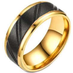 **COI Titanium Black Gold Tone Diagonal Grooves Step Edges Ring-7023AA