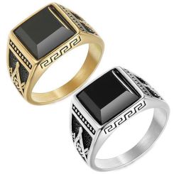 **COI Titanium Gold Tone/Silver Black Masonic Freemason Ring With Black Onyx-7030AA