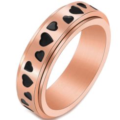 **COI Titanium Black Rose/Gold Tone/Silver Step Edges Rotating Ring With Hearts-7062BB