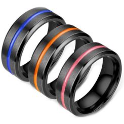 **COI Black Titanium Beveled Edges Blue/Orange/Rose Center Groove Ring-7073AA