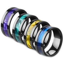 **COI Black Titanium Pipe Cut Flat Ring With Yellow/Blue/Green/Purple Abalone Shell-7074AA