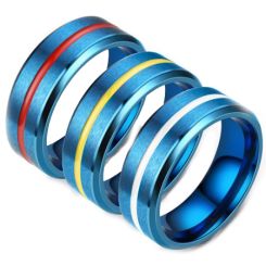 **COI Blue Titanium Red/White/Yellow Center Groove Beveled Edges Ring-7081AA