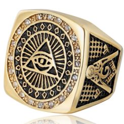 **COI Titanium Gold Tone Black Masonic Freemason Ring With Cubic Zirconia-7087