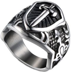 **COI Titanium Black Silver Cross Sword Signet Ring-7110